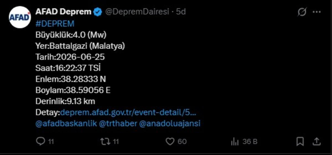 AFAD duyurdu! Malatya'da 4 büyüklüğünde deprem - Resim : 1
