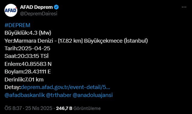 AFAD duyurdu... İstanbul'da 4,3 büyüklüğünde yeni deprem! - Resim : 1