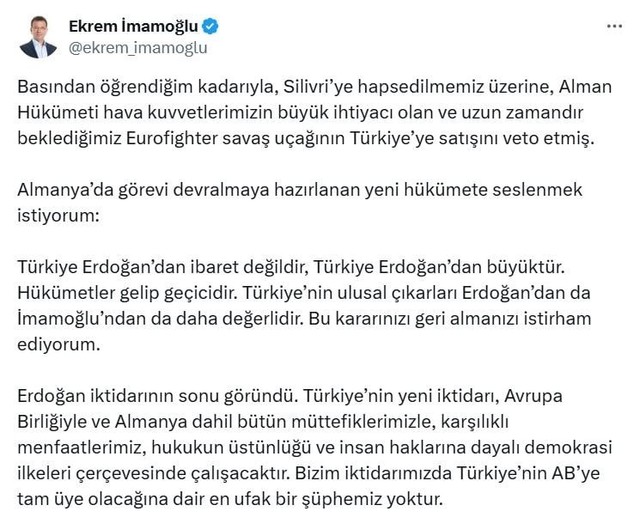 Ekrem İmamoğlu'ndan vetoyu iptal çağrısı! "Türkiye benden ve Erdoğan'dan büyüktür" - Resim : 1