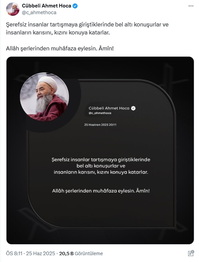 Cübbeli Ahmet'ten Fatih Altaylı'ya göndermeli paylaşım! "Şerefsiz insanlar..." - Resim : 1