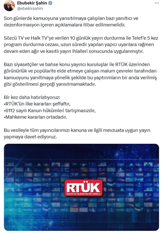 Ebubekir Şahin'den Halk TV ve Sözcü TV açıklaması: "RTÜK'ün ilke kararları şeffaftır" - Resim : 2
