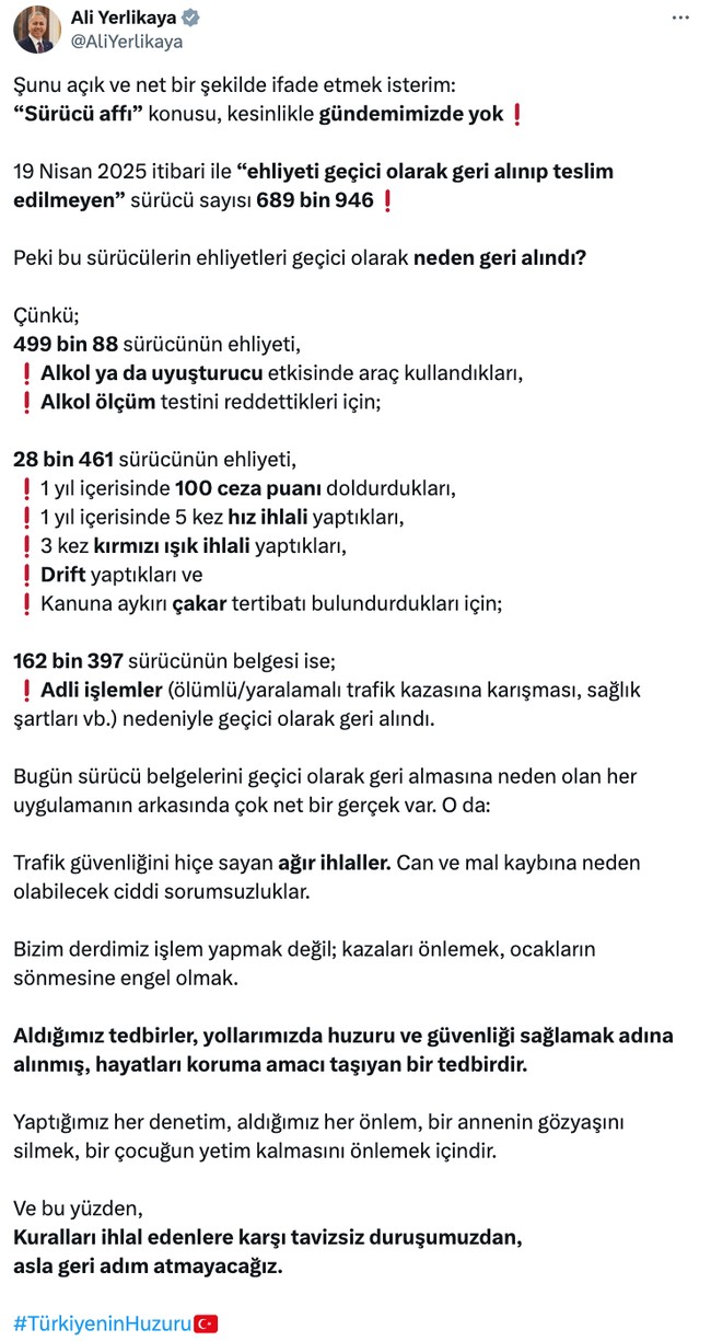 Sürücüler dikkat: Ehliyet affı mı geliyor? Bakan Yerlikaya’dan flaş açıklama… - Resim : 1
