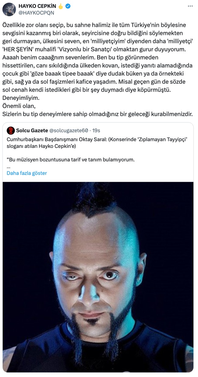 Hayko Cepkin'den, Başdanışman Oktay Saral'a yanıt! 'Sağ ya da sol faşizmleri...' - Resim : 2