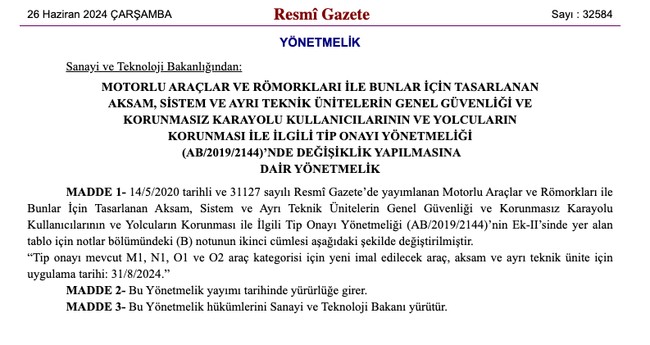 Otomotivde 7 Temmuz güvenlik yönetmeliği ertelendi! Karar, Resmi Gazete'de… - Resim : 1