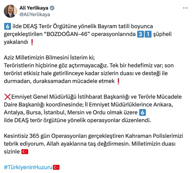 6 ilde IŞİD operasyonu: Birçok gözaltı var! İçişleri Bakanı Yerlikaya duyurdu… - Resim : 1