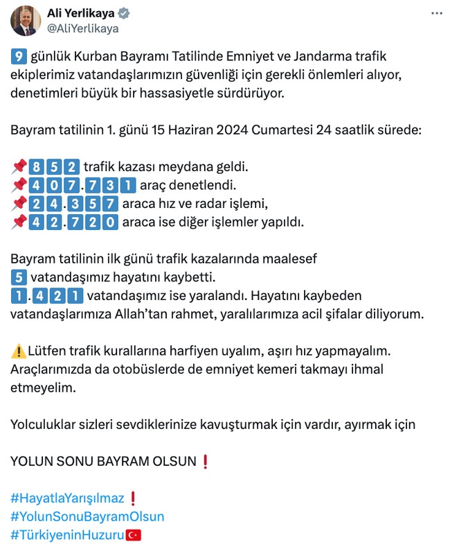 Bayram tatilinin ilk gün kaza bilançosu! Bakan Yerlikaya uyardı… - Resim : 1