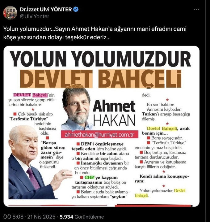 "Yolun yolumuzdur Bahçeli" demişti! MHP’den Ahmet Hakan’a teşekkür! - Resim : 1